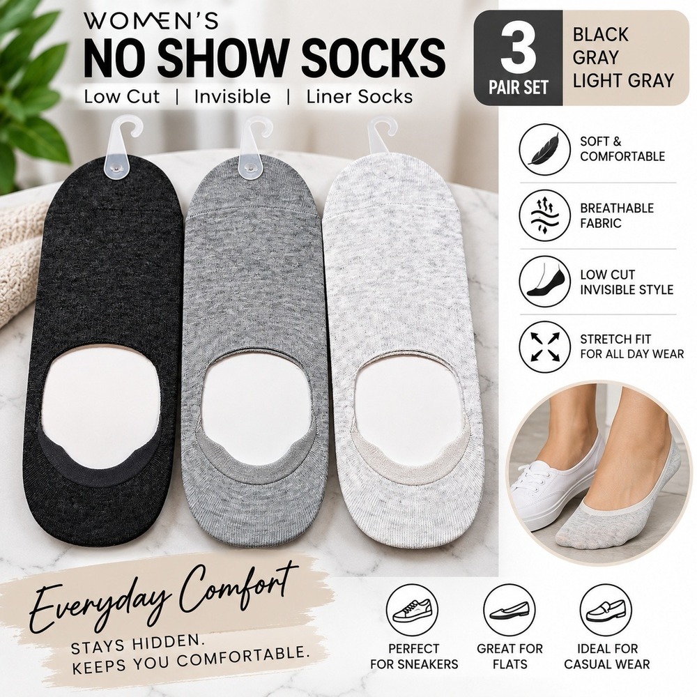 Womens No Show Socks 3 Pair Set Black Gray Light Gray Low Cut Invisible Liners